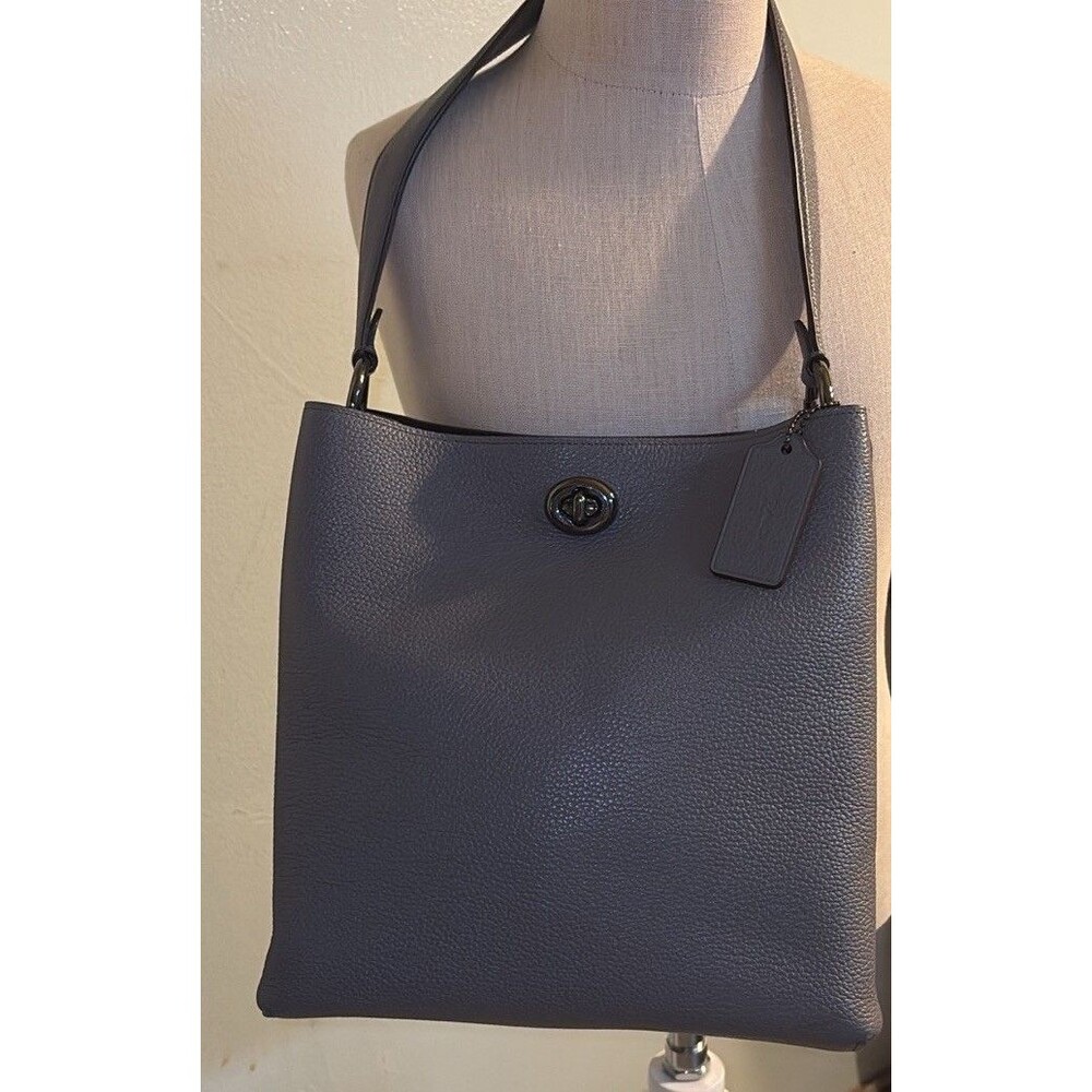 COACH Polished Pebble Leather Charlie Bucket Bag Grey Crossbody Purse Designer
